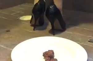 pinup élégante fait caca dans une assiette