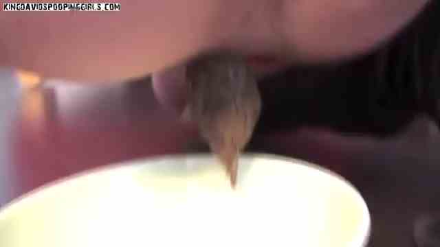 Une brune fait caca dans une assiette verte